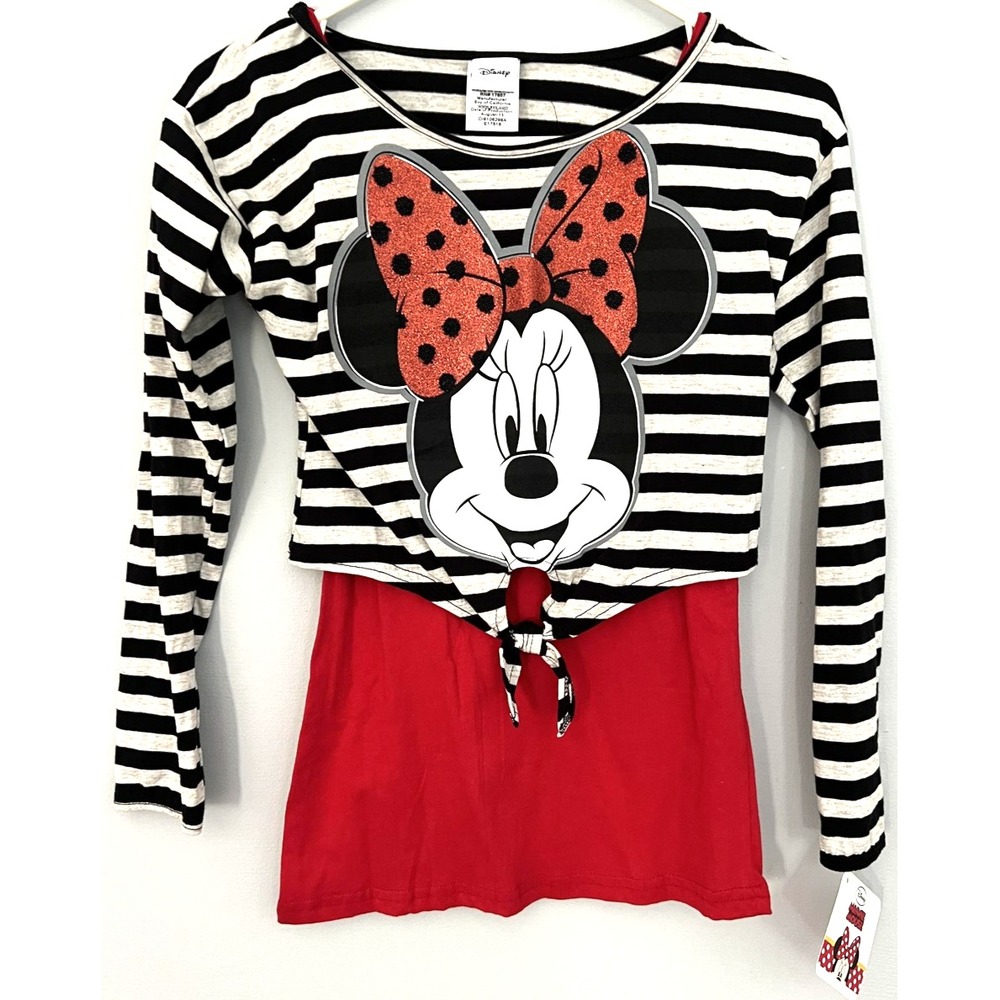 Disney Minnie Mouse Shirt Girls Large Striped Top Long Sleeve Tie Front NWT